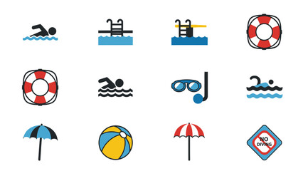 Collection of swimming icons representing pool activities and safety regulations for aquatic