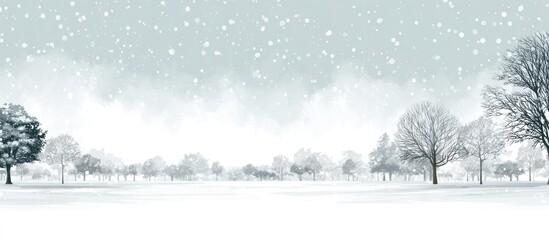 Winter landscape illustration with falling snow and bare trees on transparent background