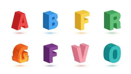 Isometric colorful alphabet letters A, B, F, G, F, O, R, V arranged isolated on white background