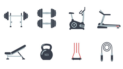 Collection of fitness equipment icons promoting healthy lifestyle and gym activities