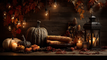 Thanksgiving autumn decoration with pumpkins, lantern and candles