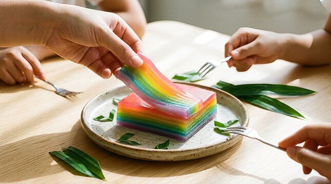 Closeup of hands serving and eating a colorful rainbow layered cake on a wooden table with pandan leaves.