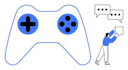 Gaming interaction. Gaming controller player engagement and teamwork. Gaming merging with digital communication and connectivity. Perfect for tech, gaming apps, social media, teamwork