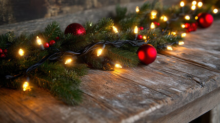 Close-up of a sparkling string of Christmas lights intertwined with pine branches and shiny red baubles on a rustic wooden table. 