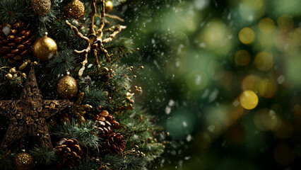 Christmas tree needles and ornaments in cozy golden light