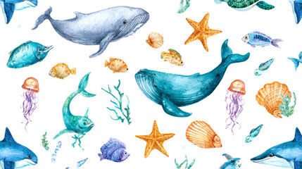 A vibrant underwater scene featuring various marine life including whales, dolphins, jellyfish, and seashells, illustrated in watercolor style