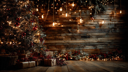 Festive wooden cabin interior decorated for Holiday with glowing lights