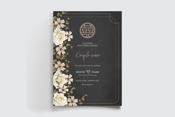 WEDDING INVITATION FRAME WITH FLOWER DECORATIONS AND FRESH LEAVES