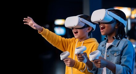 Two excited kids actively playing in a VR booth, immersed in a virtual reality gaming concept with modern headsets and controllers, showcasing futuristic digital entertainment.