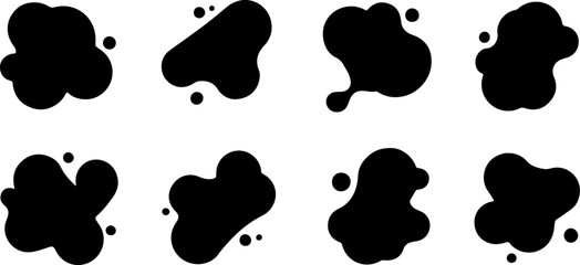 Abstract Black Amoeba Blob Shape Set with Organic Fluid Liquid Splashes and Minimalist Ink Drops for Creative Graphic Design, Backgrounds, and Modern Brand Identity.
