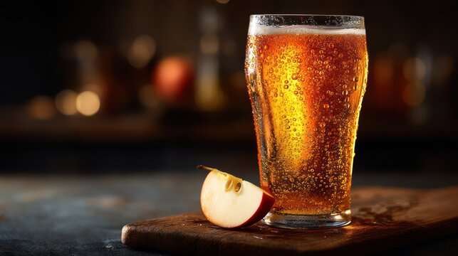 Chilled pint glass brimming with amber cider, glowing golden-brown with fine rising bubbles. Droplets of condensation sparkle on surface.