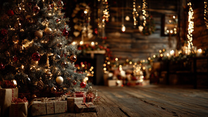 Rustic Christmas background with tree, candles and golden lights