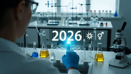 Scientist in laboratory with 2026 digital interface and research tools