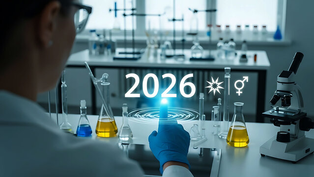 Scientist in laboratory with 2026 digital interface and research tools - Powered by Adobe