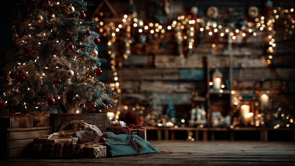Festive wooden cabin interior decorated for Christmas with glowing lights