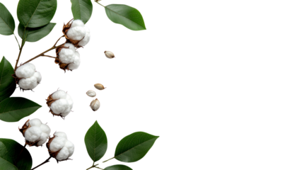Organic cotton harvest with green foliage and brown bolls on a light backdrop for sustainable design