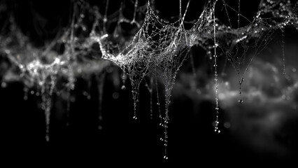 Dewy web strands with bokeh highlights, abstract nature texture