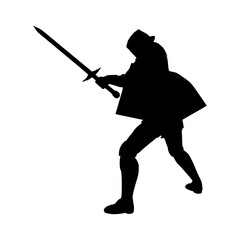 Medieval knight male warrior holding sword, shield isolated on white background. Hero wearing armor. Knight silhouette. For symbol, logo, web icon, mascot and game elements. Protection and security.