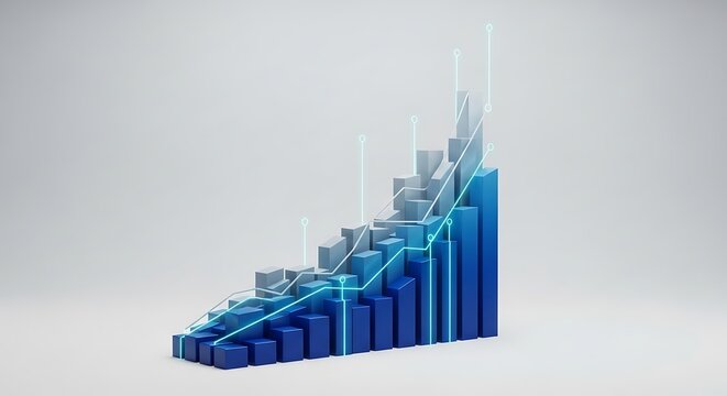 A 3d bar chart showing a steady upward trend with a blue line graph superimposed, representing financial growth and positive performance - Powered by Adobe