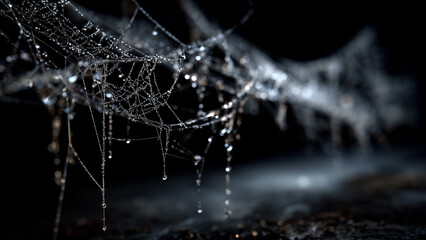 Cobweb close up with water droplets and shallow depth of field