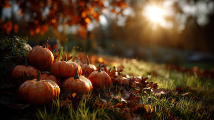 Autumn harvest pumpkins with fallen leaves and morning light
