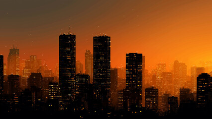 Modern city buildings against vibrant sunset, atmospheric skyline