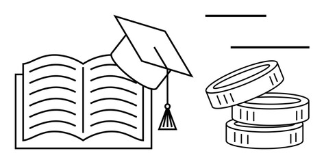 Education funding, scholarships, career planning, student debt, higher learning, academic achievement. Open book, graduation cap stack of coins. Education funding and scholarships concept