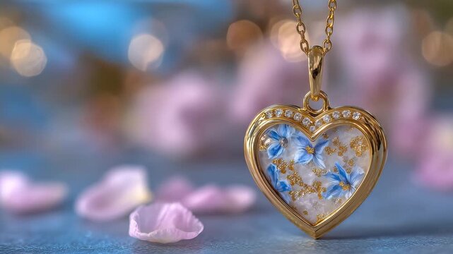 Heart-shaped locket opened to reveal a tiny photograph inside, soft glowing background with floating rose petals