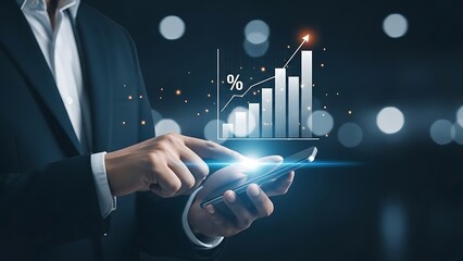 Businessman using smartphone with glowing financial growth chart mobile phone financial chart