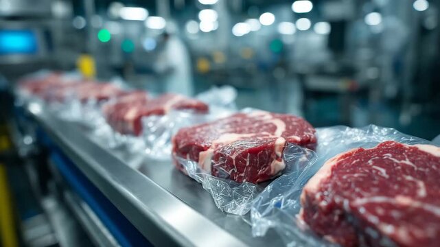 Industrial food processing plant scene with multiple packaged beef steaks on metal table, shiny packaging reflecting light, professional and sterile atmosphere emphasized