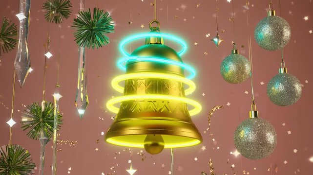 A festive winter holiday illustration of gold Christmas bells and a red ball ornament hanging on a snowy tree branch with stars and snowflakes for a Happy New Year celebration card design