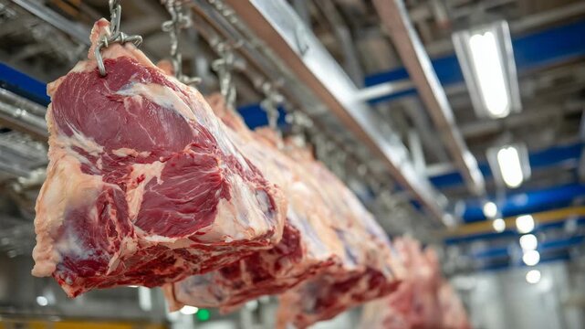 Industrial meat plant interior with beef carcasses suspended in a refrigerated chamber, metal hooks and rails reflecting bright fluorescent lights, cold and sterile environment emp