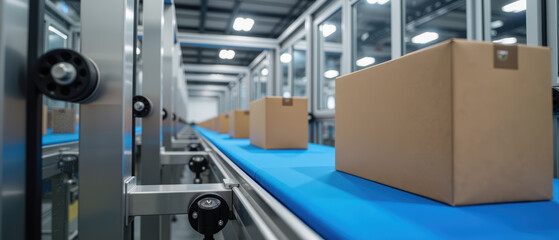 Automated conveyor system transporting cardboard boxes in warehouse setting, showcasing efficiency and modern logistics