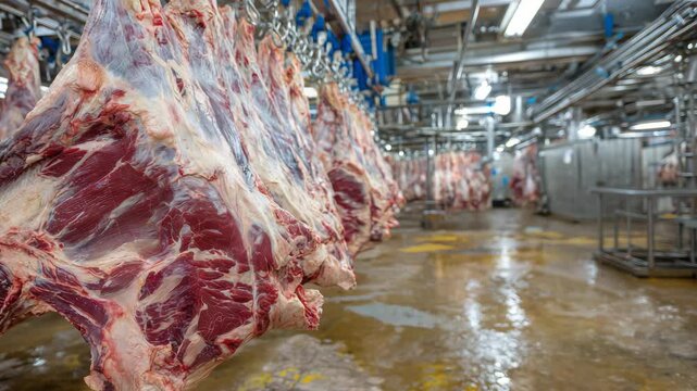 Industrial meat plant interior, beef carcasses suspended on hooks, cold metallic rails and reflective concrete floor under harsh fluorescent lighting, emphasizing large-scale proce