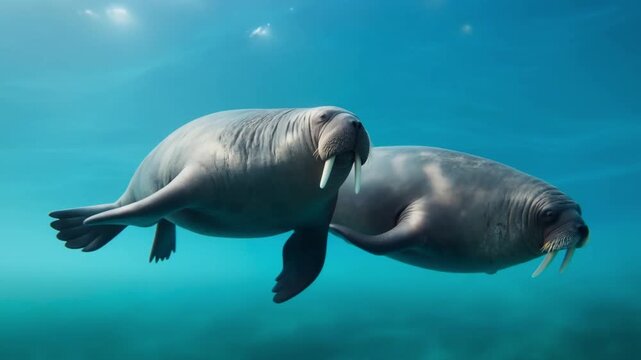 Two walruses swimming in sync in turquoise arctic waters with touching flippers and sun rays, the concept of grace, synchronicity and deep connection