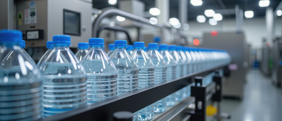 Bottled water production line with clear plastic bottles, showcasing modern factory setting. scene conveys efficiency and cleanliness
