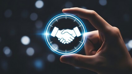 Hand holding glowing handshake icon with digital circle and bokeh image