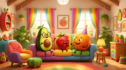 Cheerful 3D Cartoon Fruit Characters Avocado, Strawberry, and Orange Talking and Laughing at Home