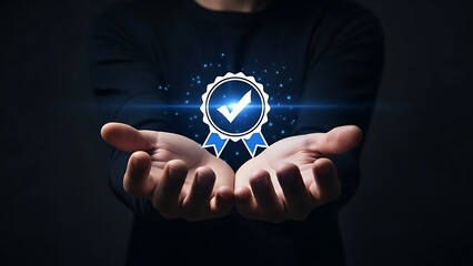 Hands presenting glowing blue quality assurance badge with checkmark holding offering