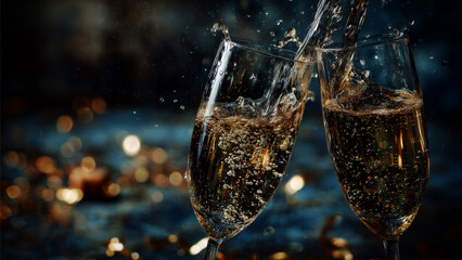 Champagne glasses toast with festive golden bokeh lights