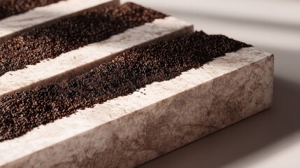 Finely ground coffee arranged neatly in rectangular stripe across marble slab. Lighting angled, textures highly emphasized. Shadows crisp yet