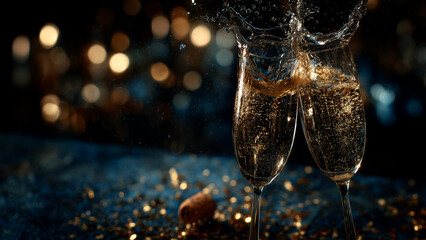 New year party mood with champagne flutes and glowing bokeh