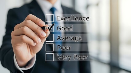 Man in suit checking good on a rating scale checklist evaluation feedback