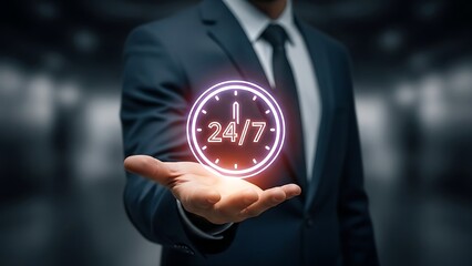 Man in suit holding glowing 24/7 clock symbol in palm time service
