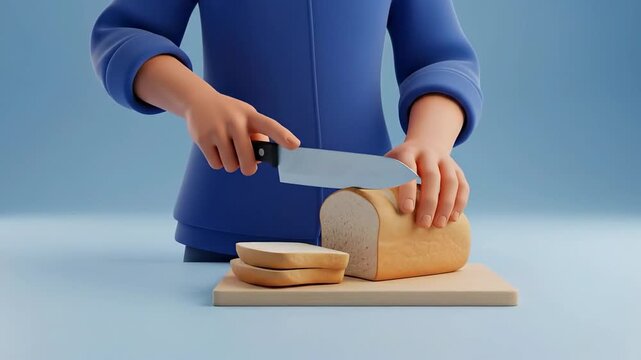 Step by Step Process of Slicing Bread with a Knife on a Wooden Board in Animation