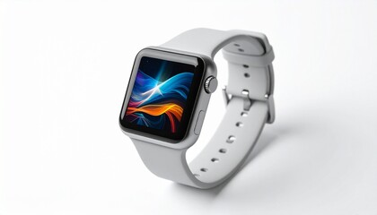 Fototapeta premium A modern smartwatch with rectangular display, light gray wristband, and colorful abstract neon design on screen.