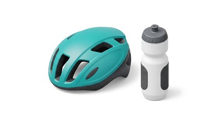 Cycling essentials, a teal helmet and water bottle