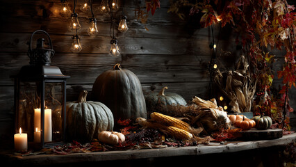 Rustic fall composition with gourds, foliage and soft candlelight