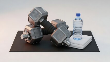 Dumbbells and water bottle on exercise mat for fitness routine