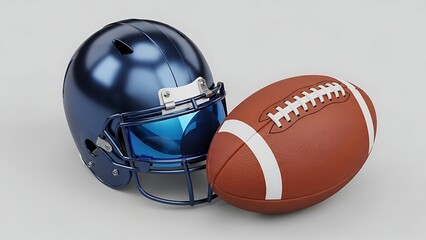 American football equipment with blue helmet and brown ball